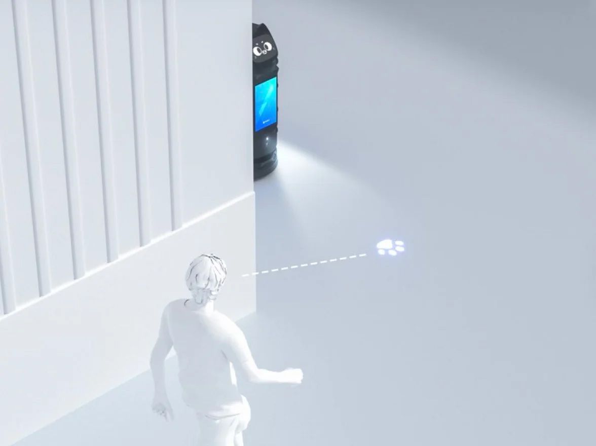 行人穿越警示 - 每個轉彎處皆有投射安全:BellaBot Pro 具備自主安全意識,在交叉路口附近投射地面圖案以提醒行人,確保盲點安全。