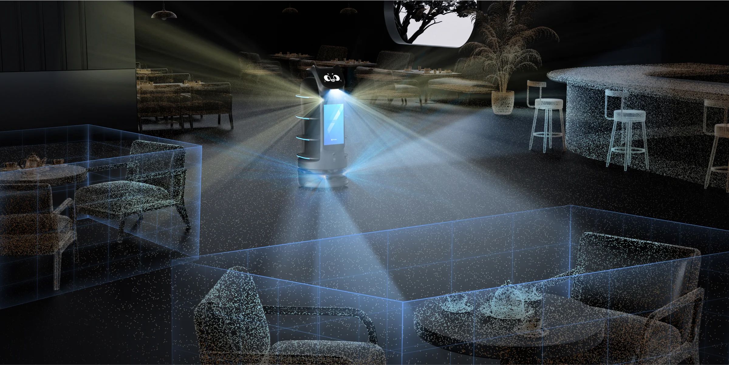 全方位感知安全 - 障礙物偵測,行程完美:革命性的環境感知解決方案,配備 2 個前向攝影機、3 個 RGBD 感應器和 1 個雷達,實現前端底盤全方位偵測覆蓋。遇到障礙物時會自動停止,並在前進時輕鬆導航。